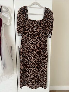 Zara Brown and Black Leopard Midi Dress with Puff Sleeves